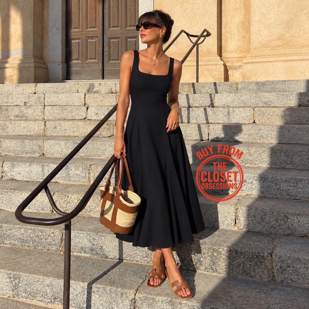 ZARA Black A-Line Midi Dress NWT Square Neck Fit Flare Blogger Favorite L